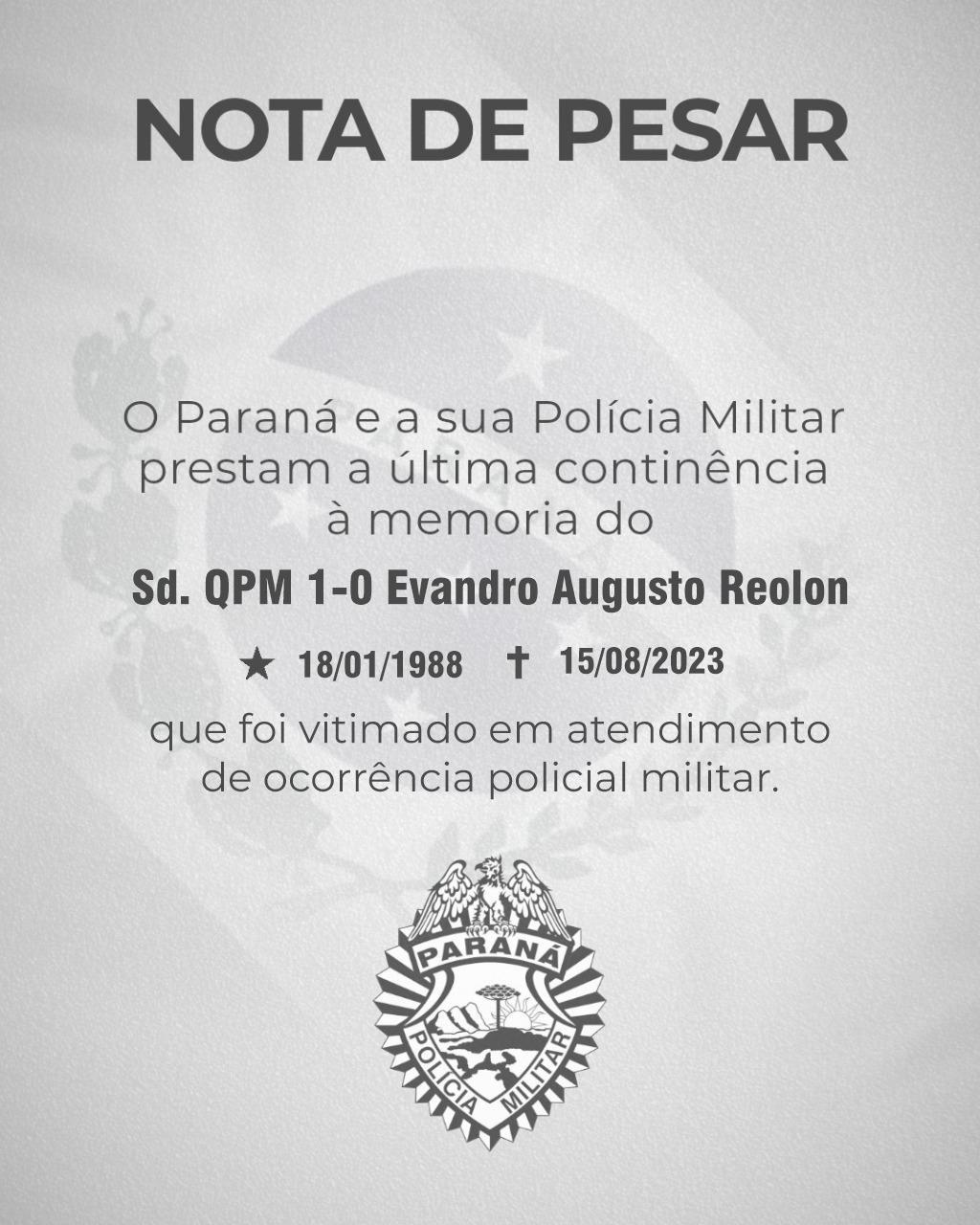 PM divulga nota oficial pelo falecimento do policial militar