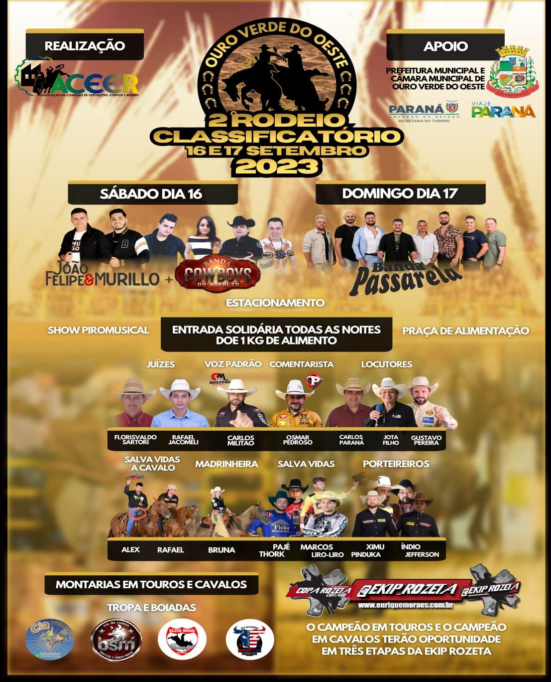 2°Rodeio Classificatório nos dias 16 e 17 de setembro em Ouro Verde Do Oeste