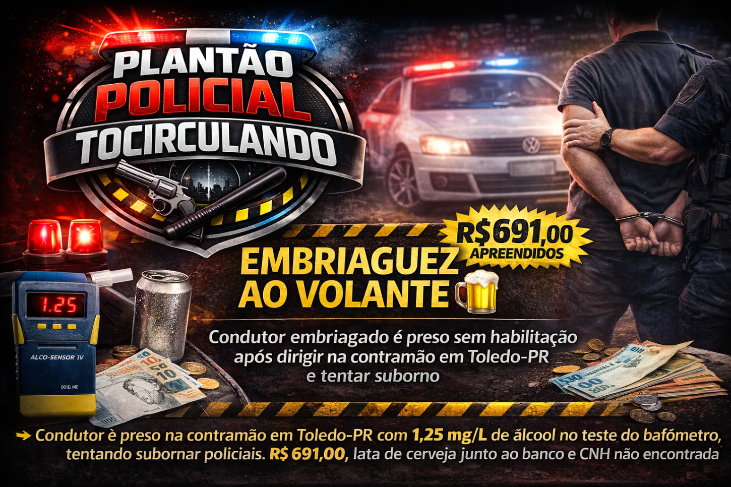 Motorista embriagado, sem CNH e trafegando na contramão é preso após abordagem policial.