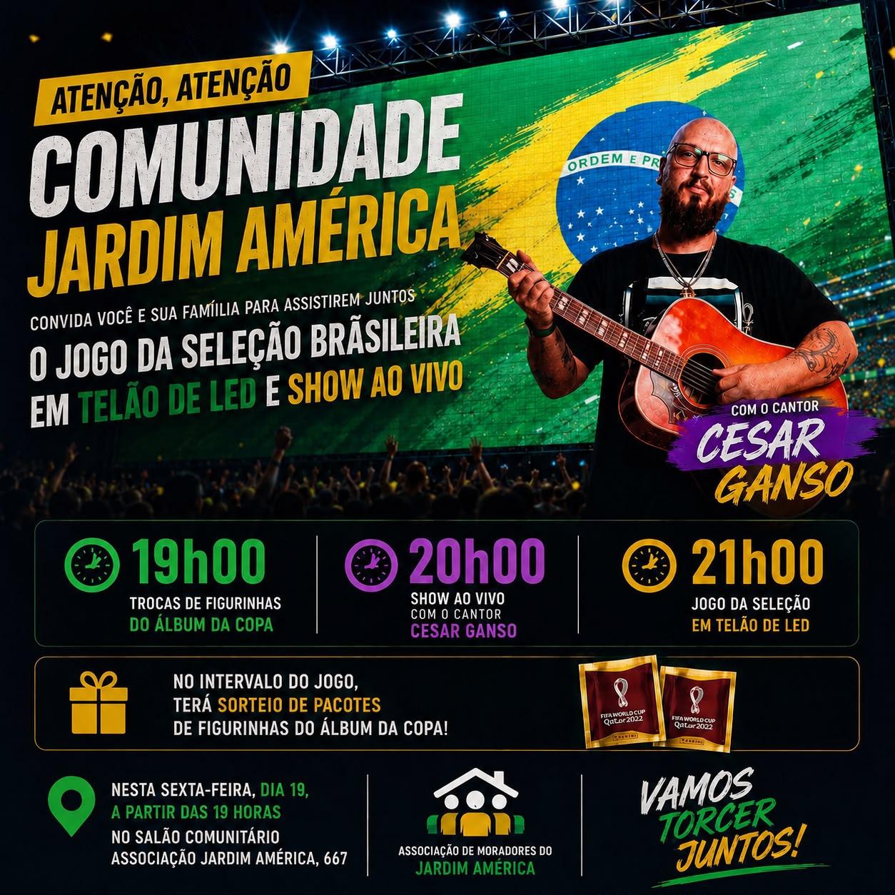 Comunidade Jardim América promove transmissão do jogo da Seleção Brasileira com telão de LED e show ao vivo