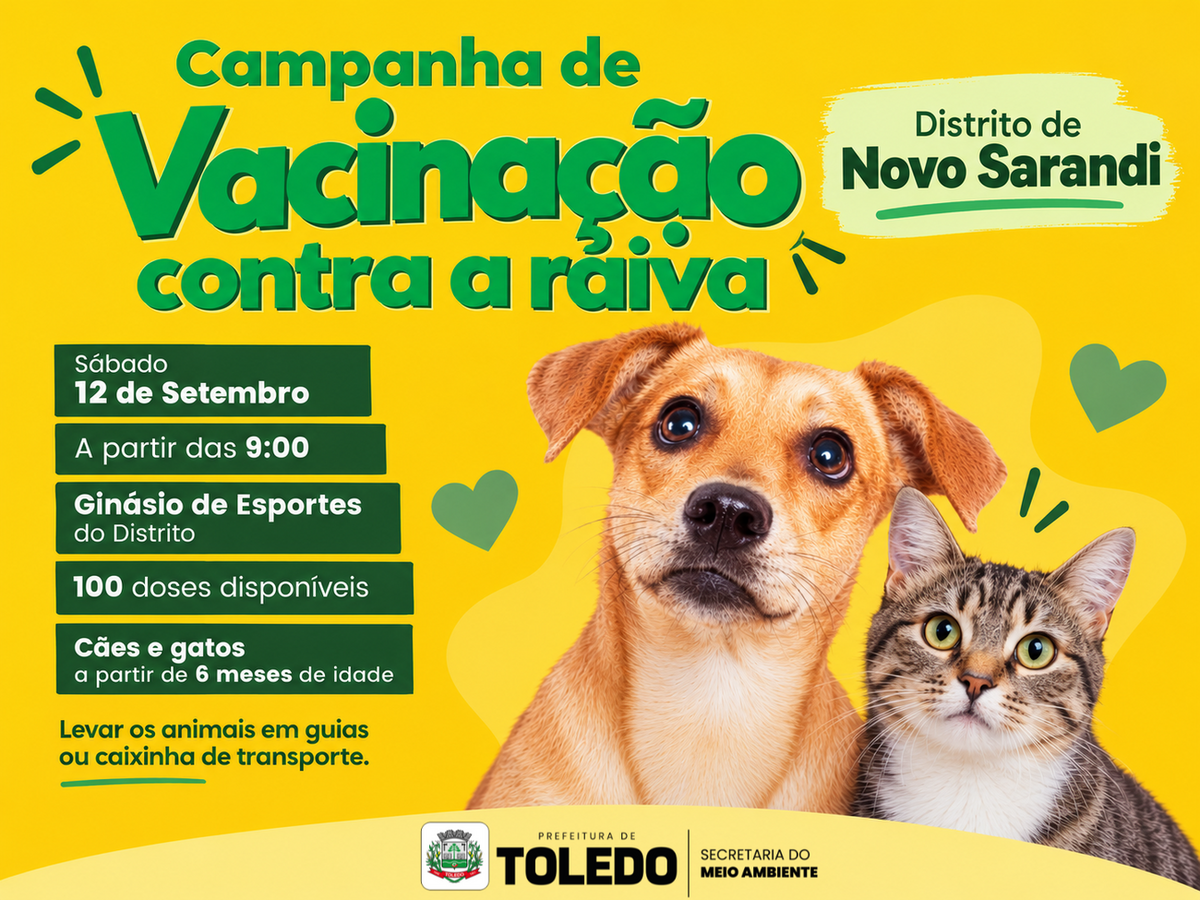 Novo Sarandi recebe vacinação gratuita contra raiva para cães e gatos no sábado (12)