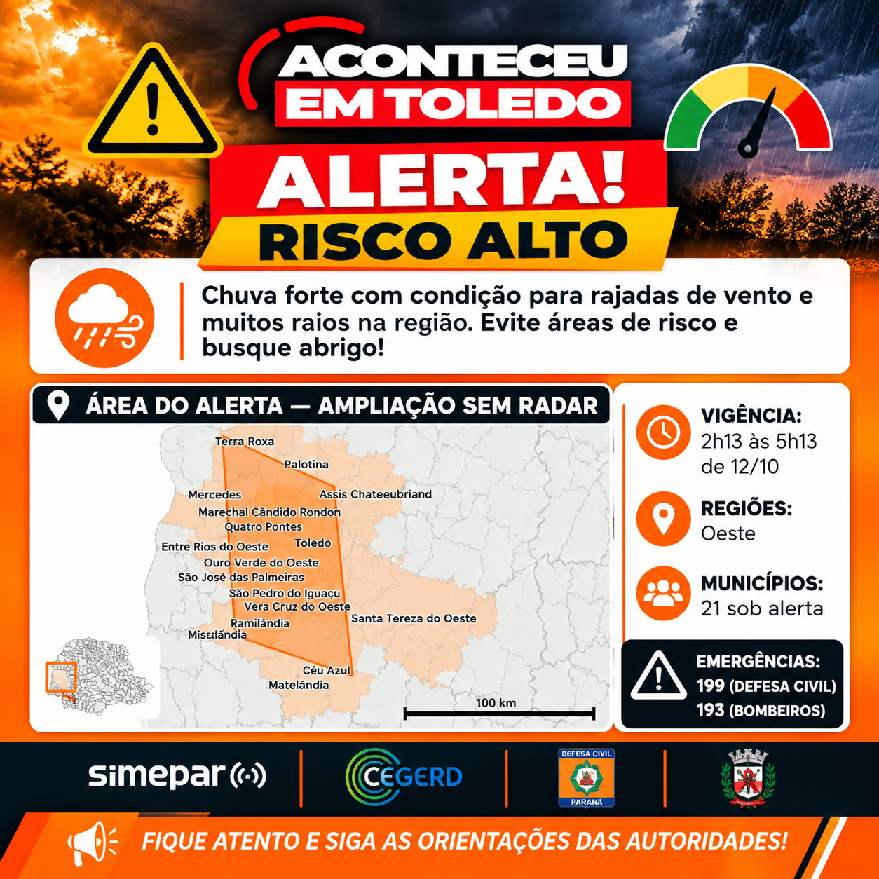 Alerta de tempestade coloca 21 municípios do Oeste do Paraná em risco na madrugada desta segunda-feira