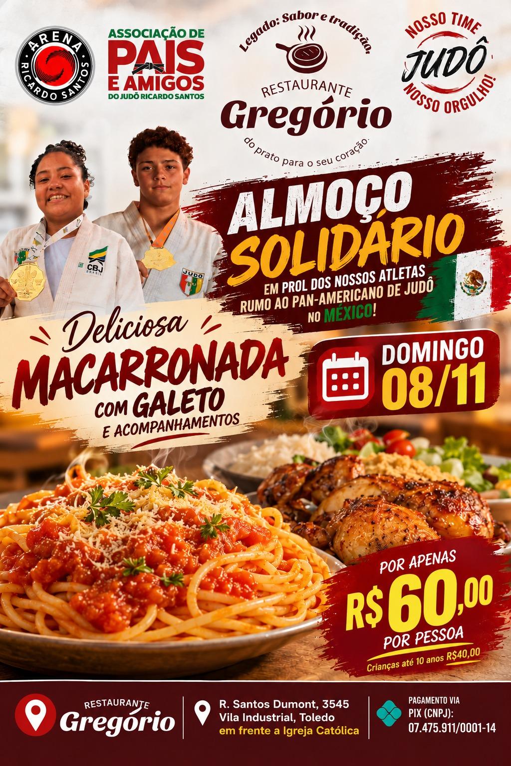 🍝 TOLEDO: ALMOÇO SOLIDÁRIO VAI REUNIR COMUNIDADE EM PROL DE ATLETAS DE JUDÔ QUE BUSCAM VAGA NO PAN-AMERICANO NO MÉXICO