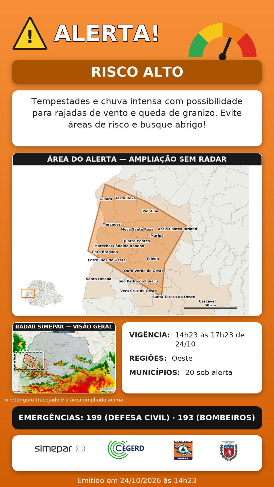  Toledo e região entram em alerta de risco alto para tempestades, chuva intensa e granizo