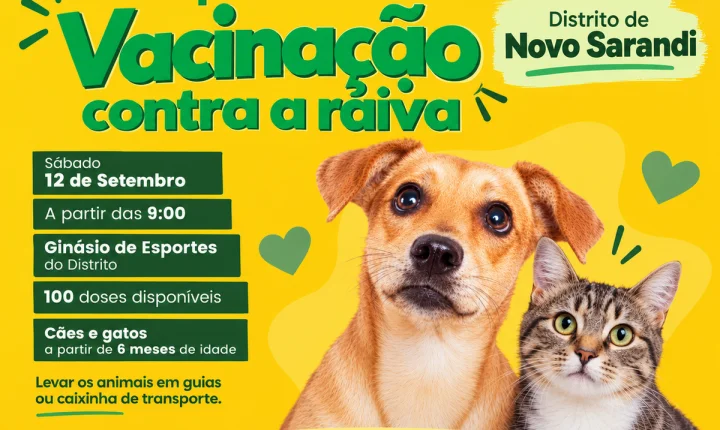 Novo Sarandi recebe vacinação gratuita contra raiva para cães e gatos no sábado (12)